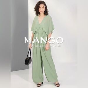 Mango Sage Green Crepey Pleated Jumpsuit Small